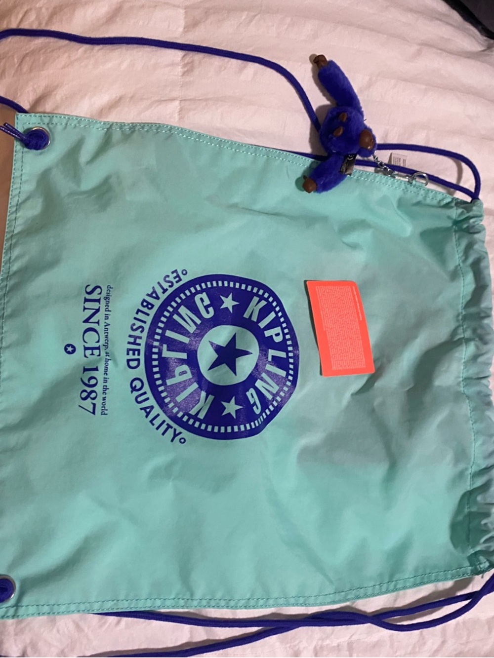 Kipling Aqua Drawstring Bag with Purple Logo Accent